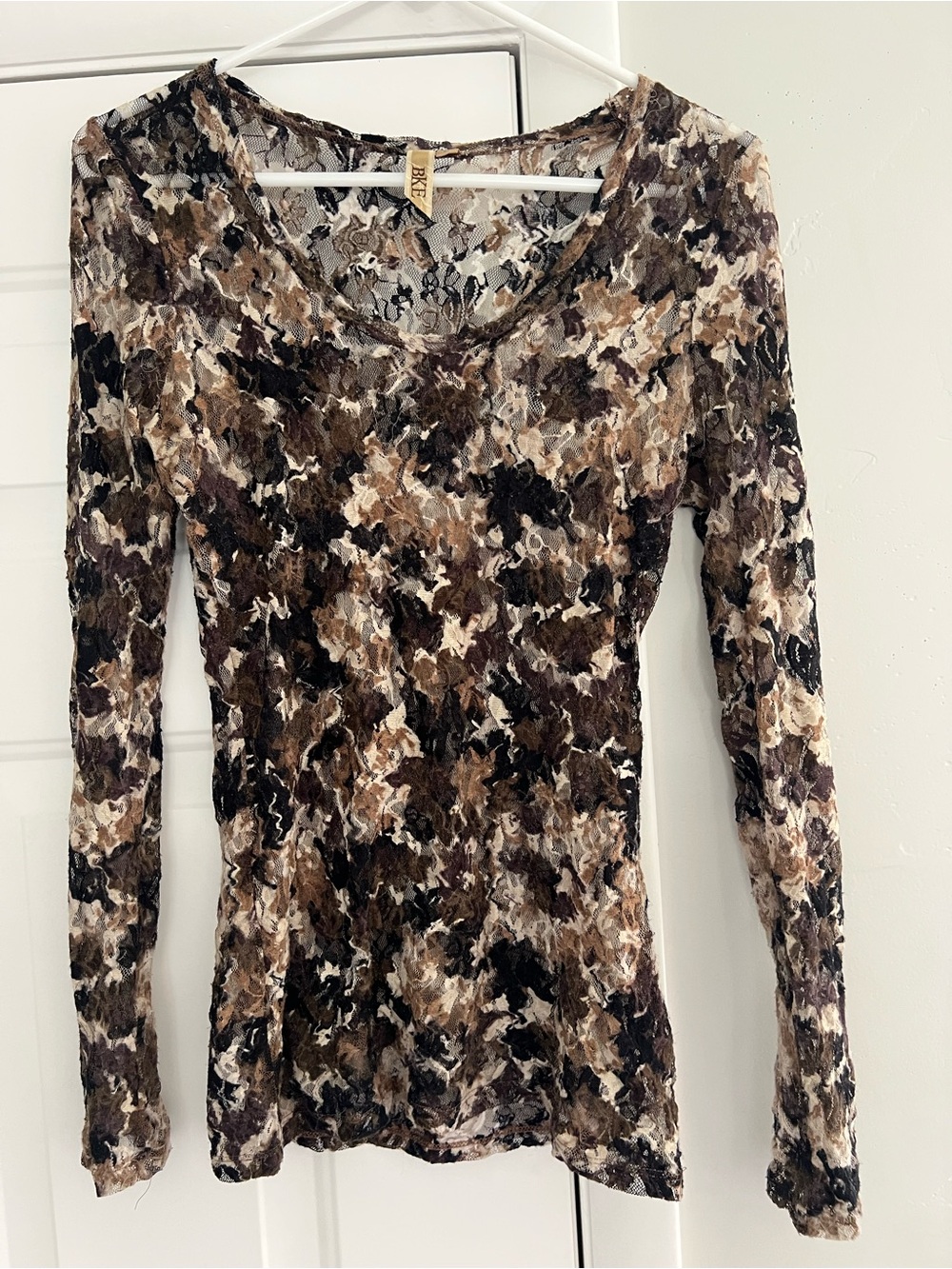 BKE Brown Multi Abstract-Print Long Sleeve Top